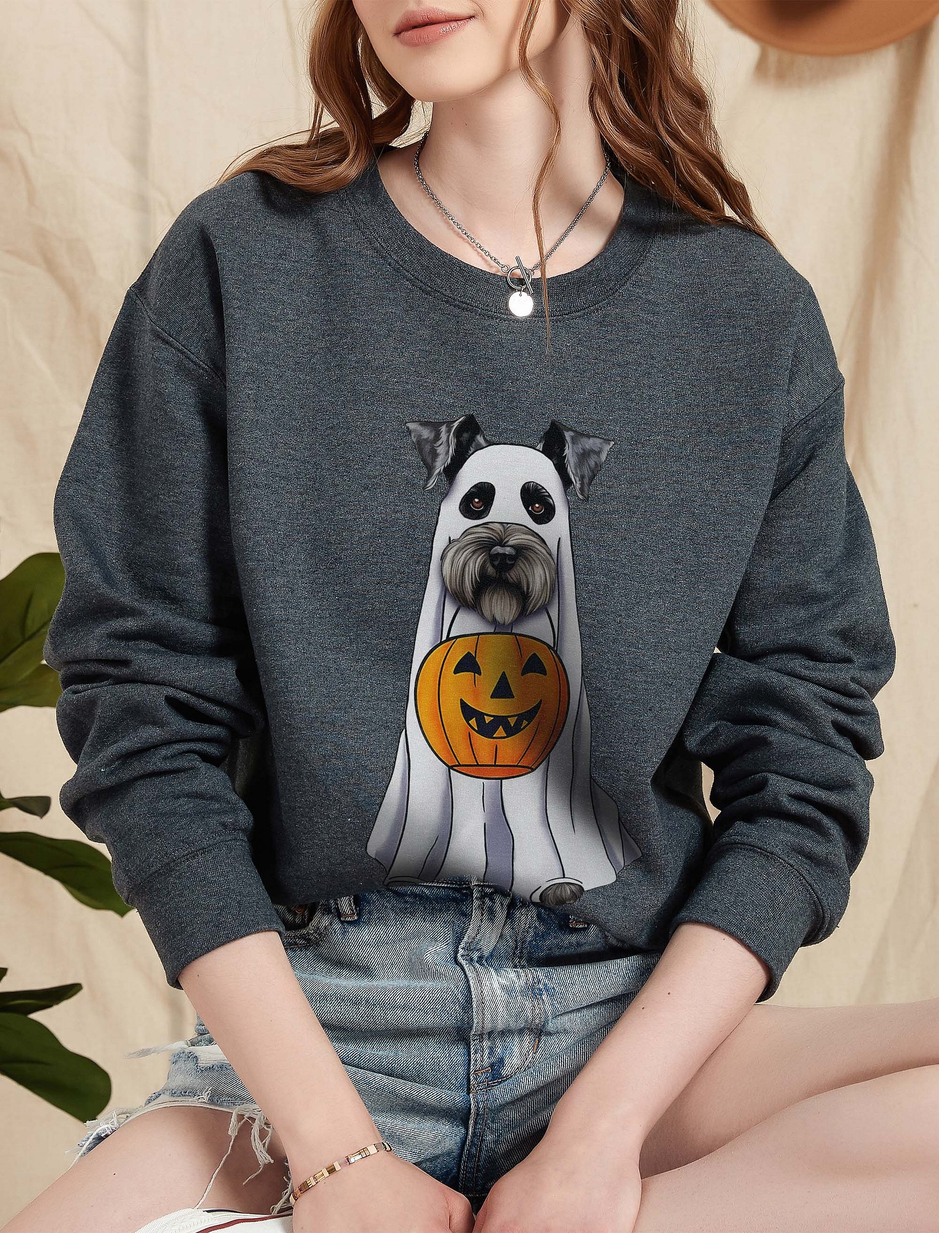 Schnauzer Halloween Sweatshirt | Funny Fall & Halloween Schnauzer Wearing a Ghost Costume with Pumpkin Basket product image (2)