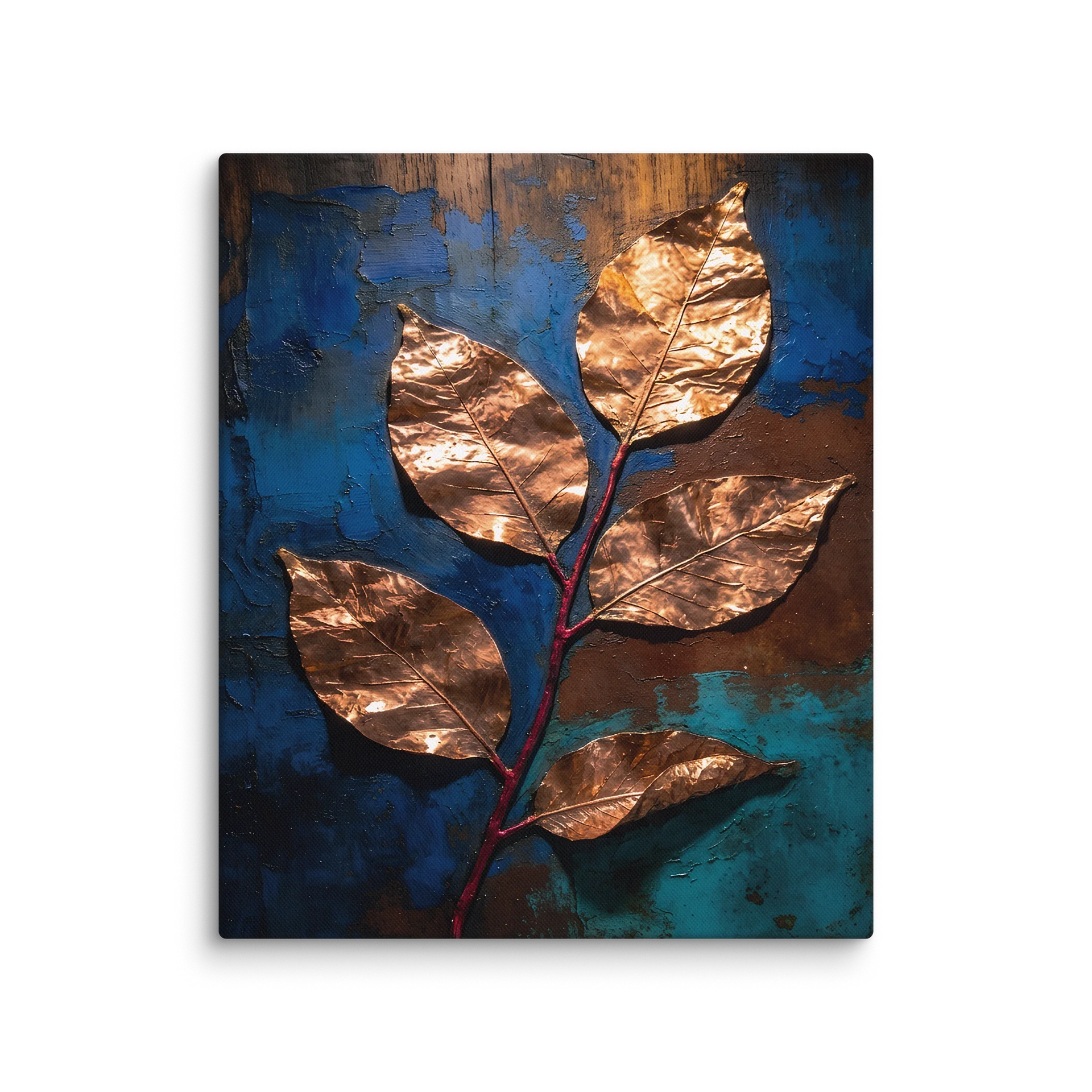 Copper Leaf Branch Wall Art | Mixed Media Botanical Canvas Print | Patina Blue Verdigris | Industrial Botanical Decor | Moody Maximalist Art product image (1)