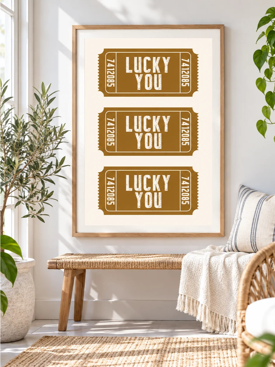 Lucky You Ticket Poster, Mustard Ochre Typography Wall Art, Retro Ticket Print, Cream Earth Tone Art, Printable Quote Art, Vintage Art Print product image (8)
