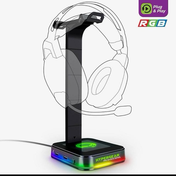 RGB Gaming Headset Stand with USB Charging Ports, LED Lighting, Easy Setup, Connection & Cable Management - Tech Audio Accessory for PC, PS5 Gaming Desks product image (1)