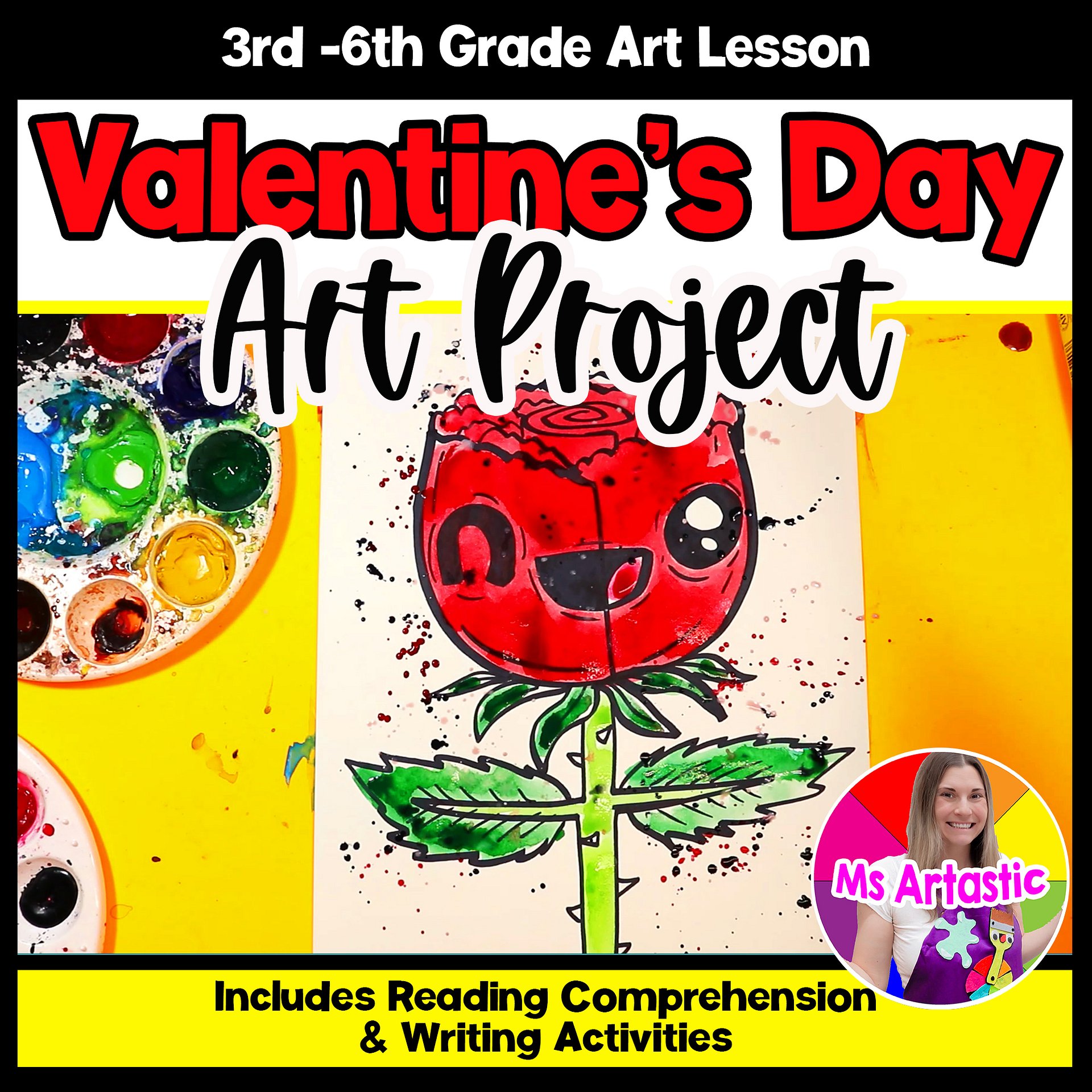 Valentines Day Rose Art Project Valentine Art Lesson with Reading Writing Rose Artwork for Elementary product image (1)