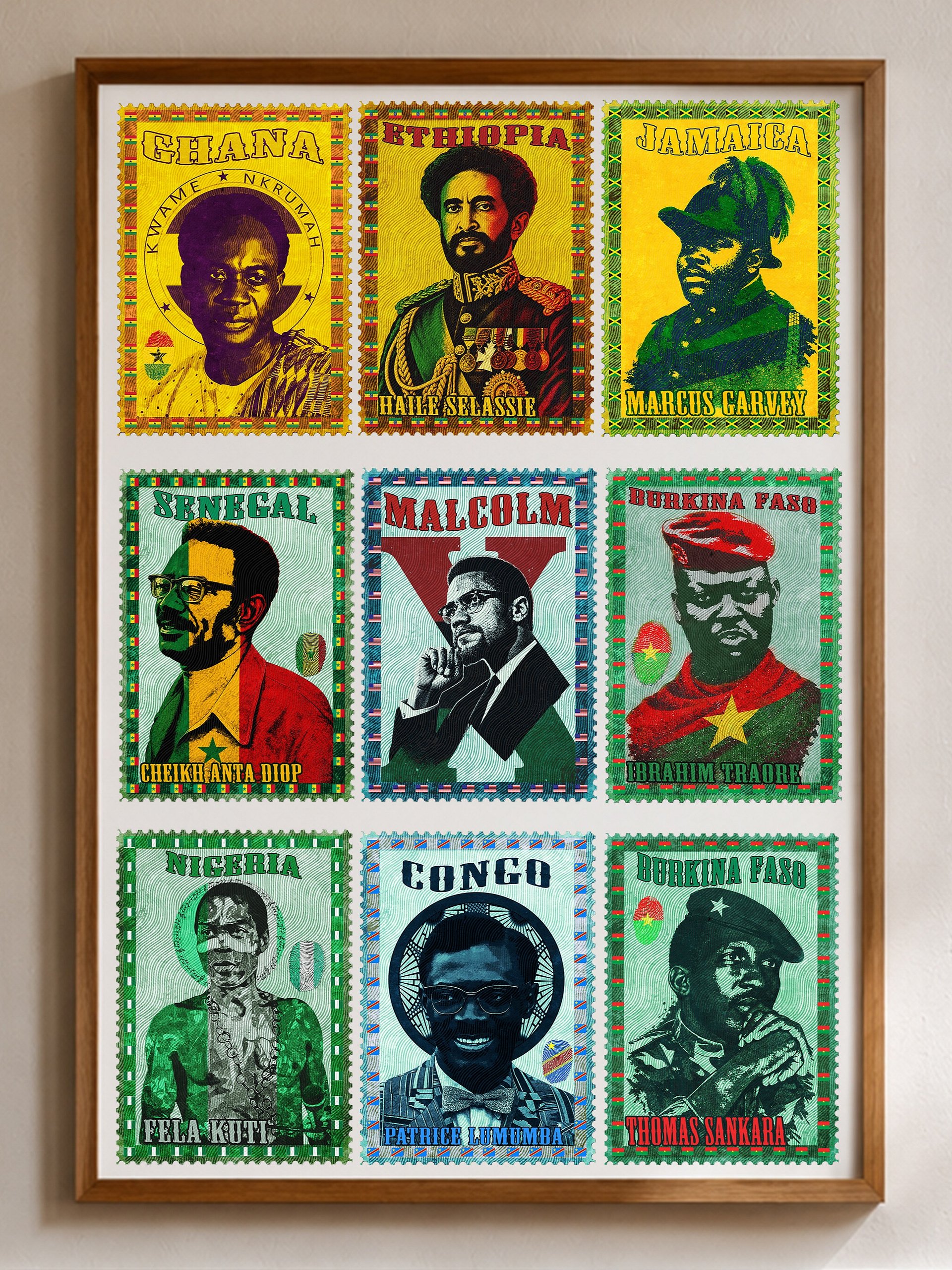 9 Pan-African Icons, 1 Poster: Vintage Postage Stamp Tribute product image (1)