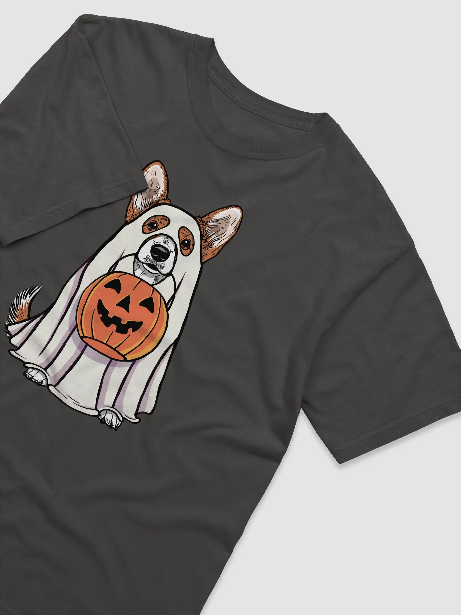 Funny Halloween Cardigan Welsh(Sable) Corgi T-Shirt | Funny Corgi Wearing a Ghost Costume and Holding a Pumpkin Basket product image (6)