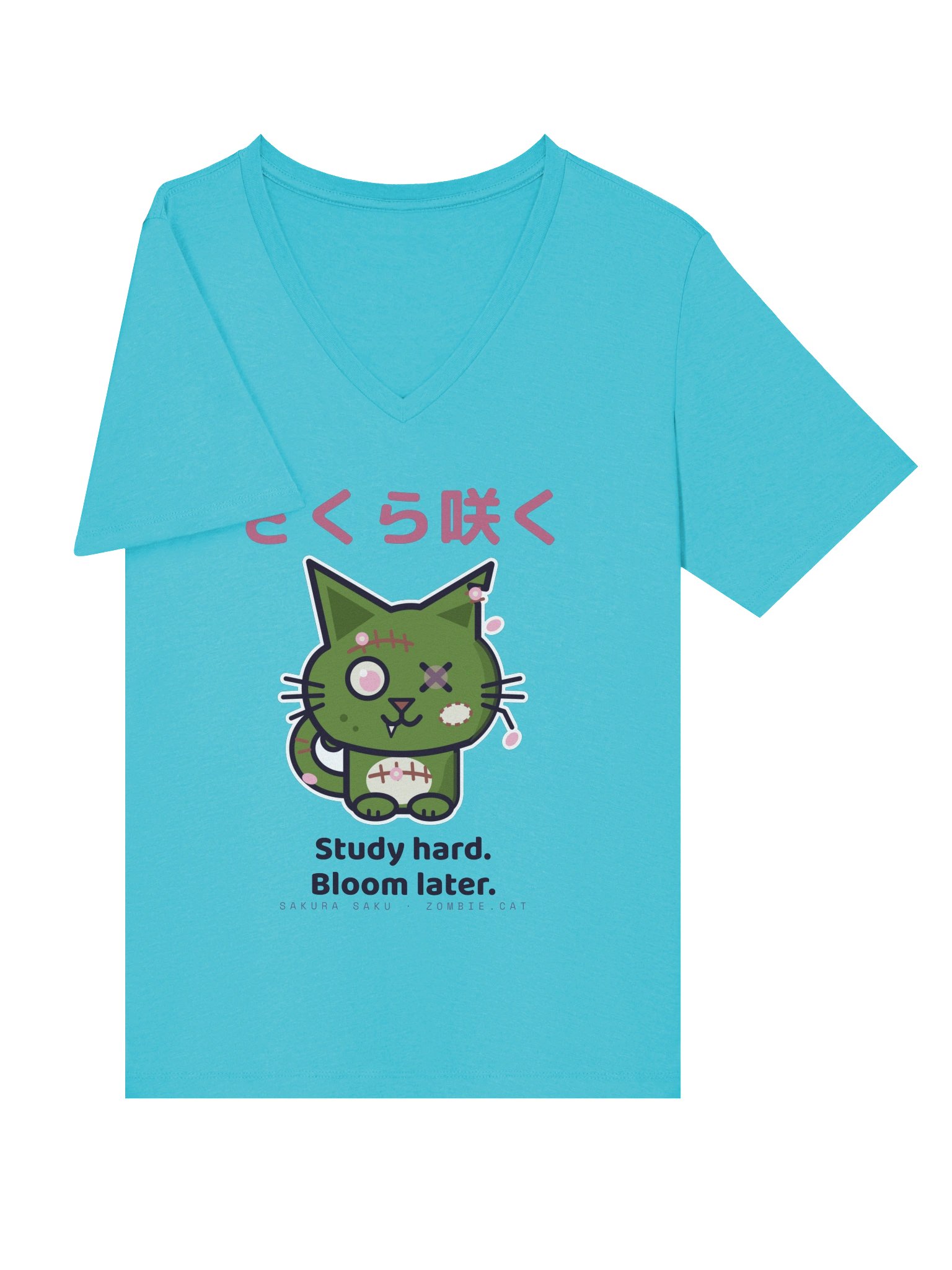 Sakura Bloom Zombie Cat Women's Relaxed V-Neck T-Shirt product image (6)