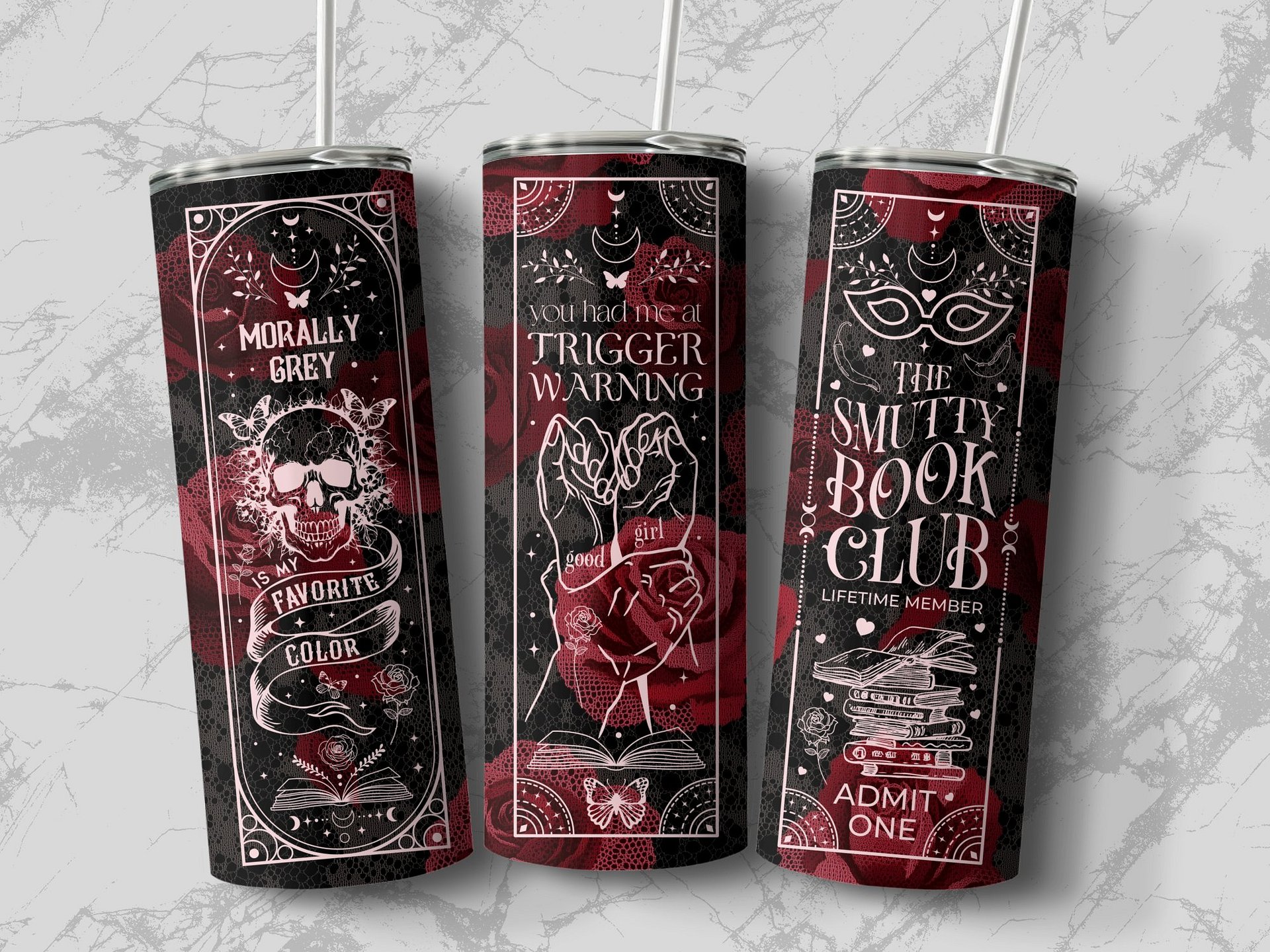 Skull Roses Black Red Smut Book Reader Dark Romance 20oz Tumbler Wrap PNG, Pink Morally Grey, Seamless Sublimation Design, Digital Download product image (4)