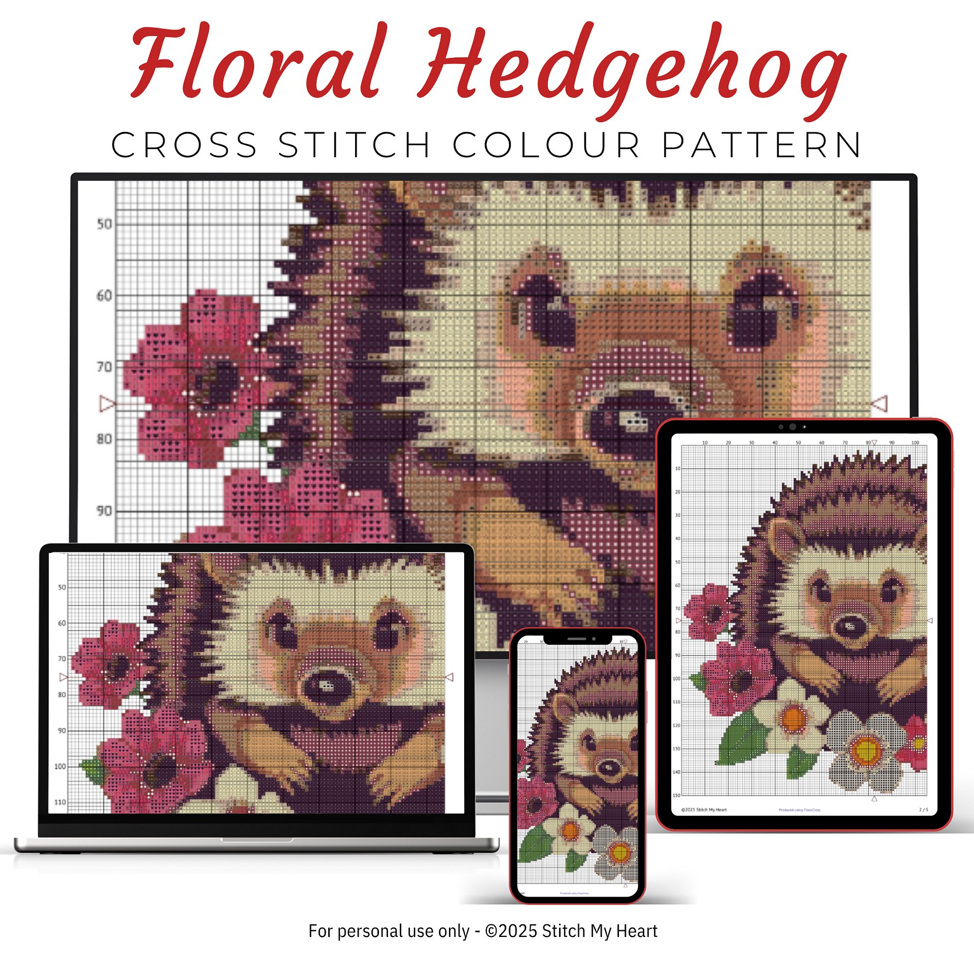 Floral Hedgehog Cross Stitch Pattern product image (3)