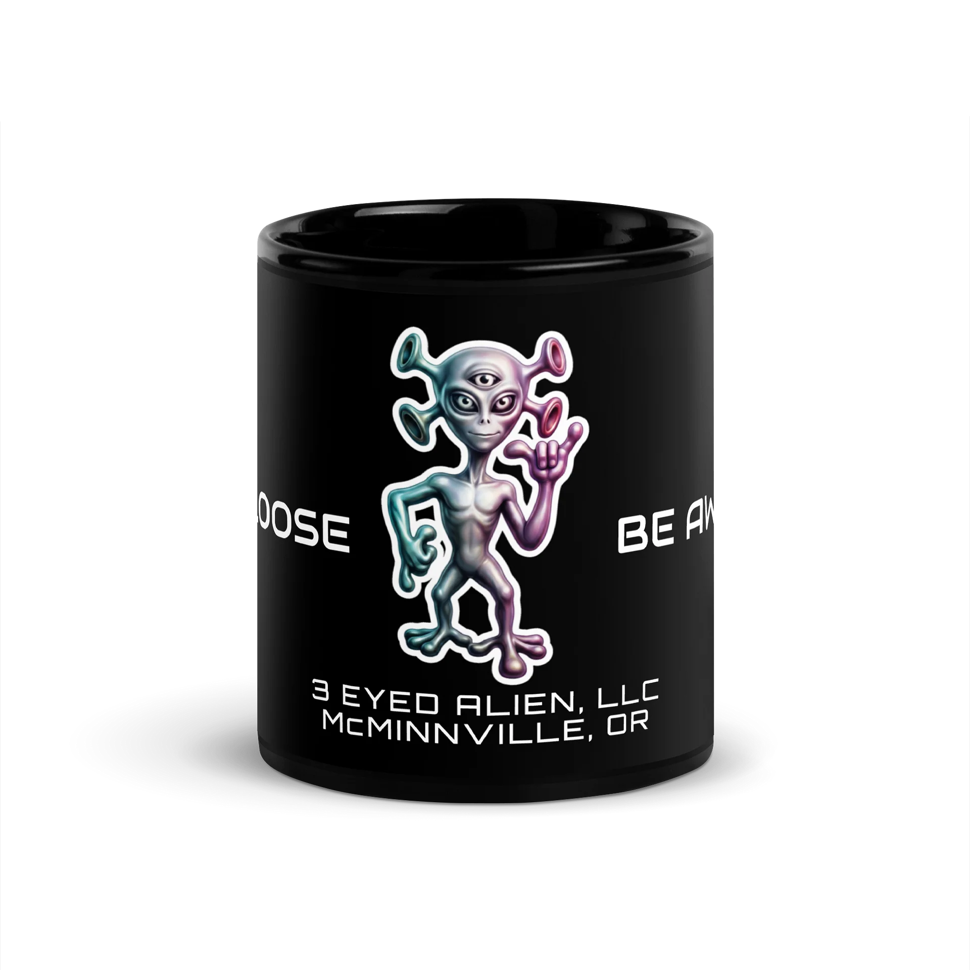 3 Eyed Alien — LUCYLIEN Black Coffee/Tea Mug — Hang Loose / Be Awesome product image (1)
