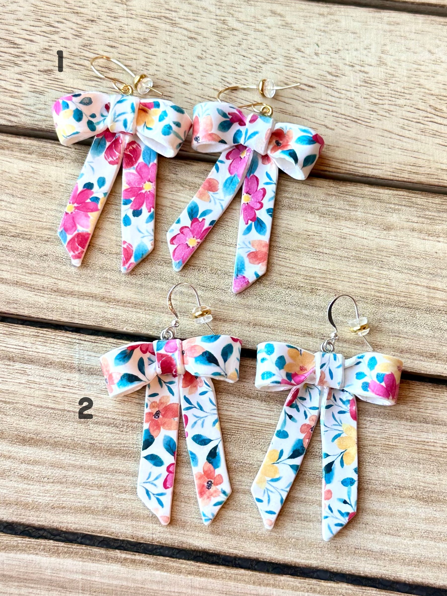 Floral Ribbon Bow Earrings – Handmade Clay Statement Dangles product image (2)