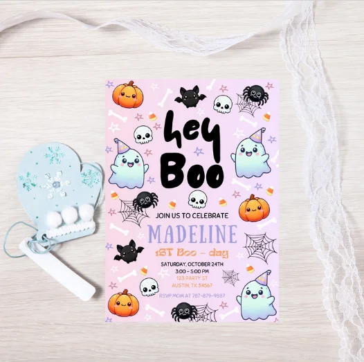 Pink Ghost Birthday Invitation | Hey Boo Cute Halloween Party Invite | Instant Canva Download | Canva Template product image (3)