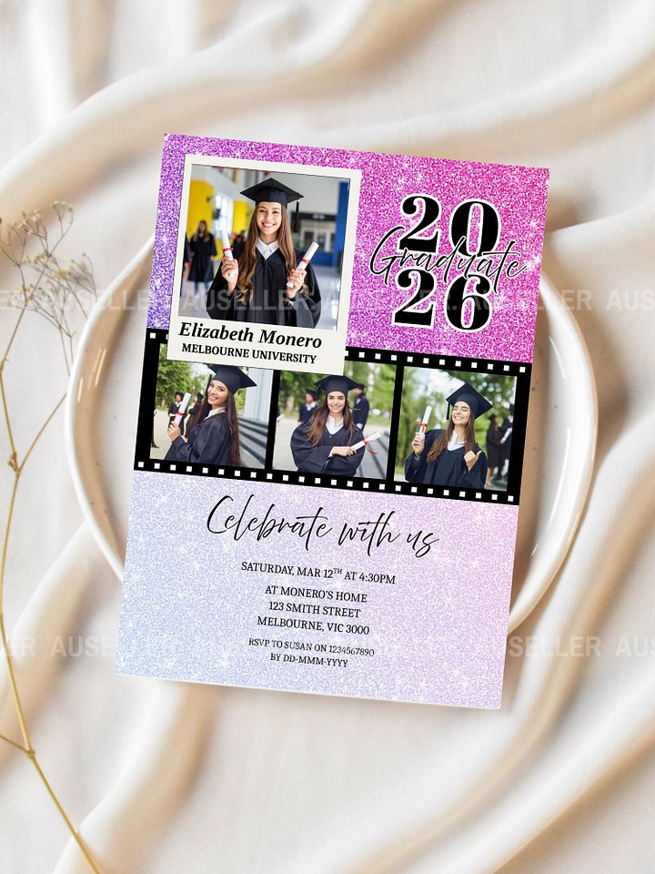 Pink Glitter Graduation Invitation Template 2026 Editable Canva Template product image (2)
