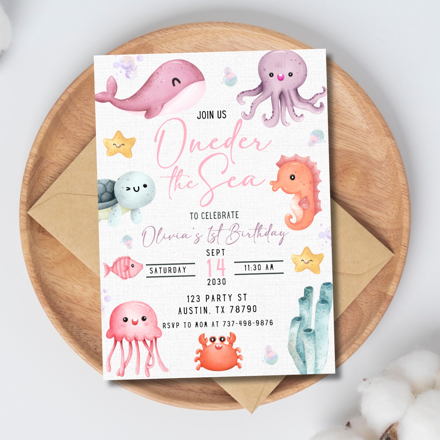 Oneder the Sea Birthday Invitation | Girl 1st Birthday Party Under the Sea | Editable Canva Template | Ocean Mermaid Sea Animals Theme product image (6)