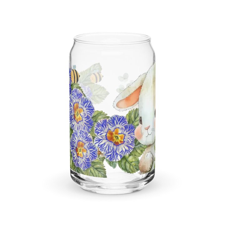 Garden Whispers: Bunny and the Primula Zebra Blues | 16oz Glass Can | Nature-Inspired Drinkware product image (1)