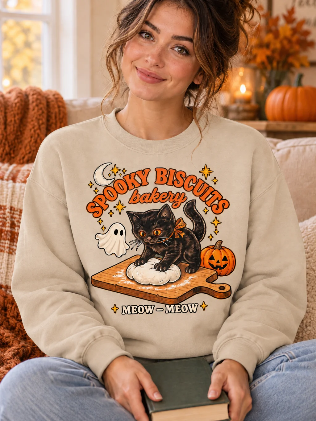 Cute Black Cat Halloween Sweatshirt | Ghost Pumpkin Crewneck product image (2)