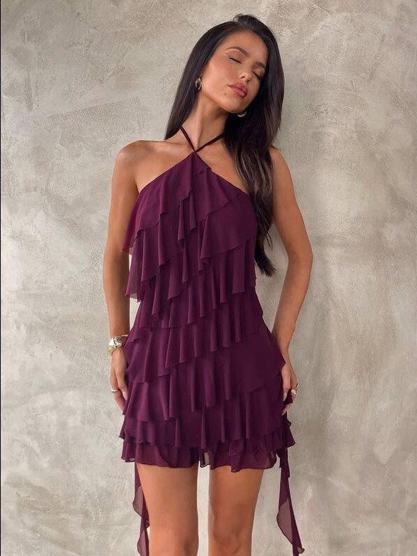 Spring/Summer New Sexy Y2K Music Festival Bohemian Elegant Purple Halter Multilayer Ruffle Waist Asymmetrical Ruffle Hem Mesh Mini Dress, Suitable For Valentine's Day And Wedding Season product image (1)