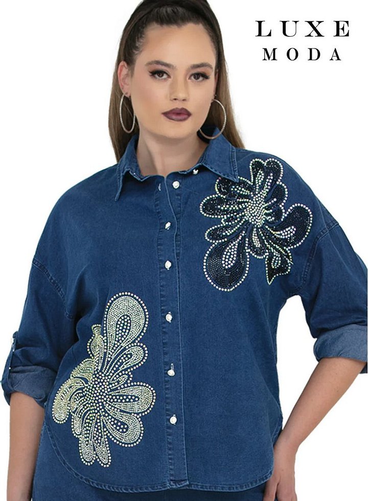 Rhinestone Floral Denim Top & Pant Set - 2pc Ornamented Suit product image (2)