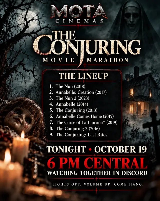Who’s brave enough to turn the lights off? 👀🍿 MOTA Cinemas is taking on The Conjuring movies TONIGHT at 6 PM Central in Discord! Haunted dolls, demonic nuns, and us pretending we aren’t scared. 😂 Grab your snacks and come hang—everyone’s welcome! 🖤 Which movie is gonna have you sleeping with the lights on? 👻 #MOTACinemas #TheConjuring #MovieNight #HorrorMovies #MOTAverse