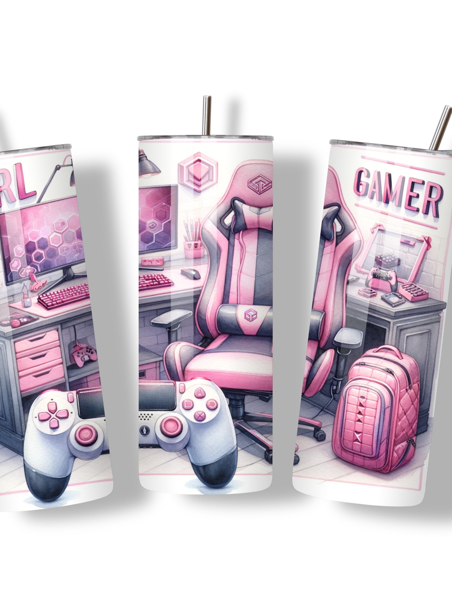 Girl Gamer 20oz Skinny Tumbler with Metal Straw – Stylish Pink Gaming Setup Design – Double-Walled Insulated Stainless Steel Tumbler for Hot & Cold Drinks, Perfect Gift for Female Gamers product image (3)