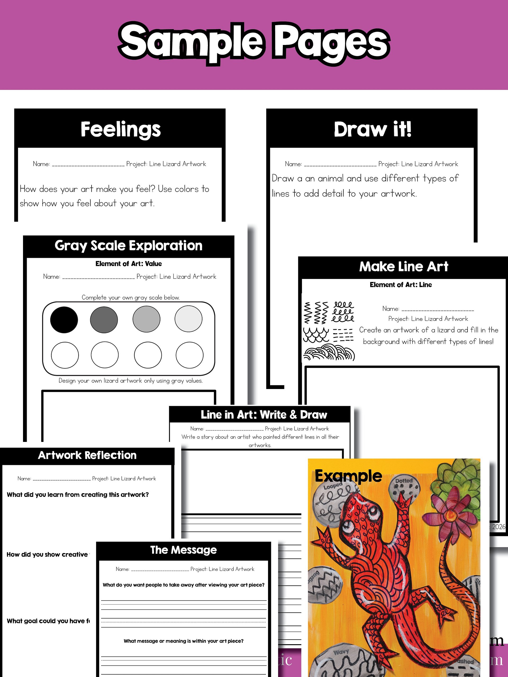 Line Lesson Line Lizard Art Project 1st Grade Art Activity Element of Art Line product image (11)