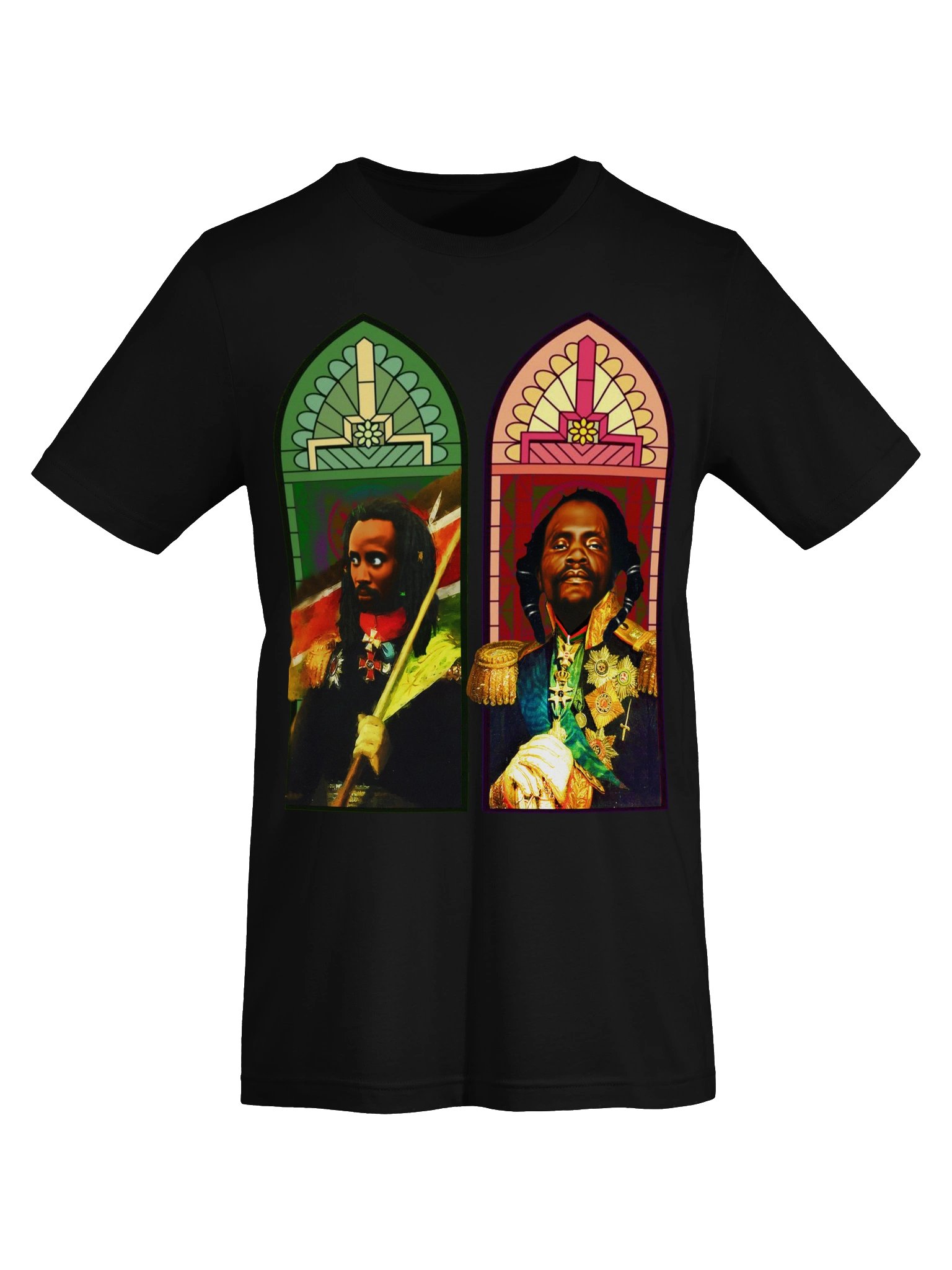 Dedan Kimathi & Musa Mwariama Stained Glass Tee – Mau Mau Freedom Fighters Pan-African Cathedral Art | Kenya History T-Shirt product image (7)