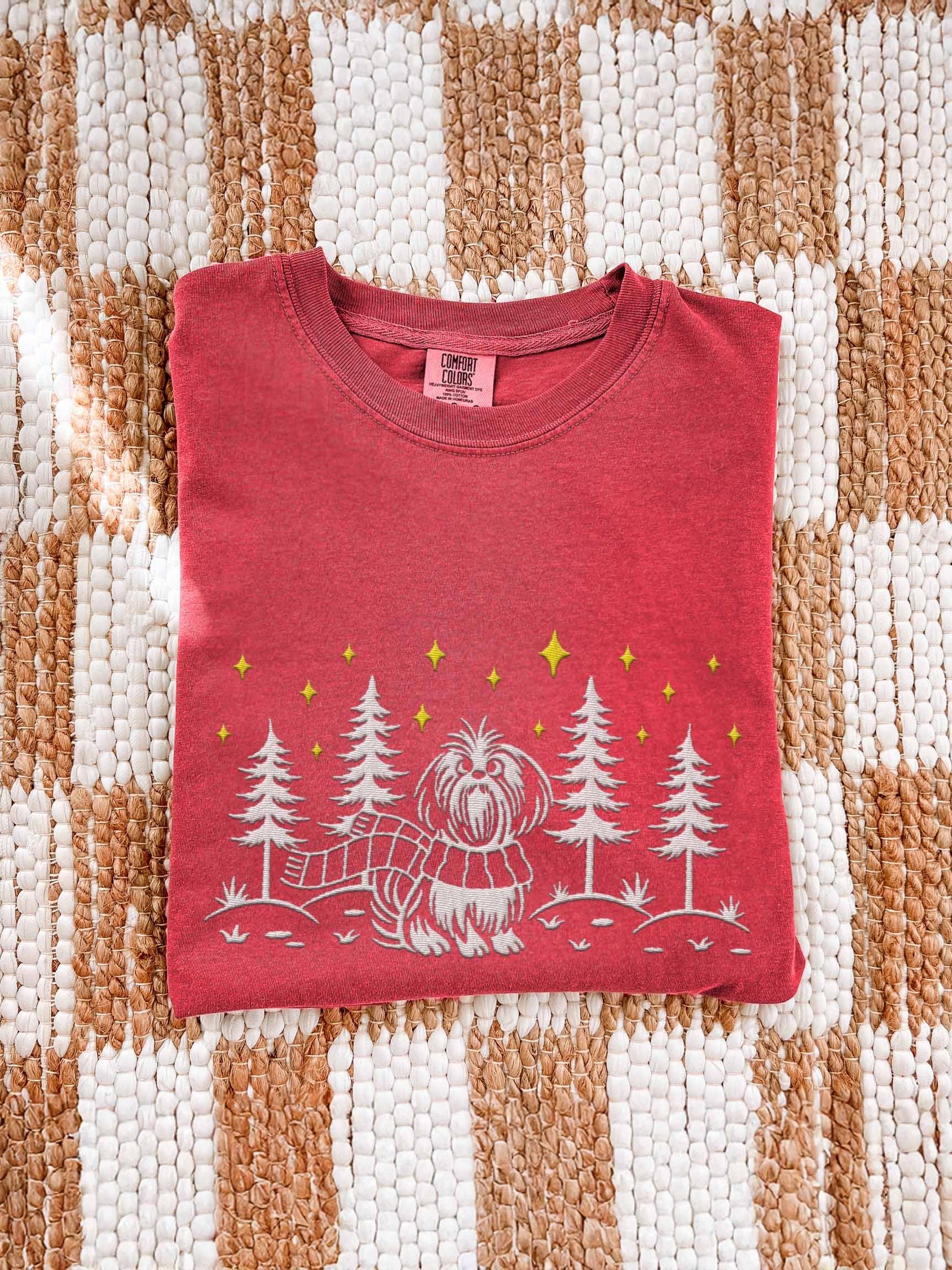 Shih Tzu Winter/Christmas Line Art Design Embroidered T-Shirt product image (1)
