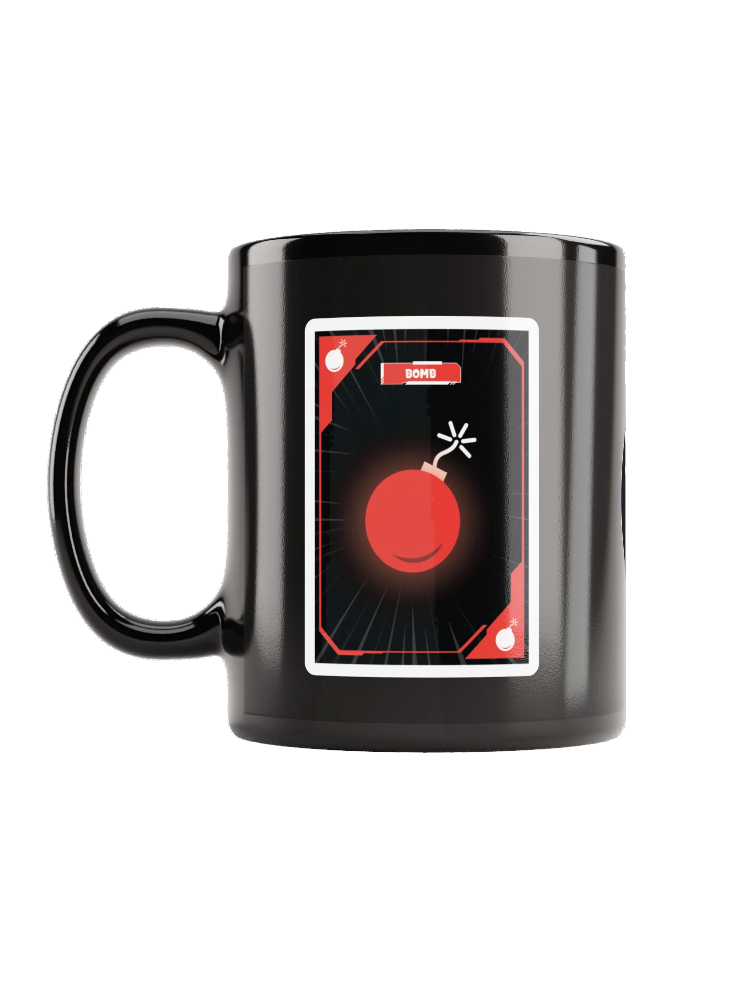 Black ceramic glossy coffee cup - main logo and Bomb card (11 or 15 oz) product image (1)