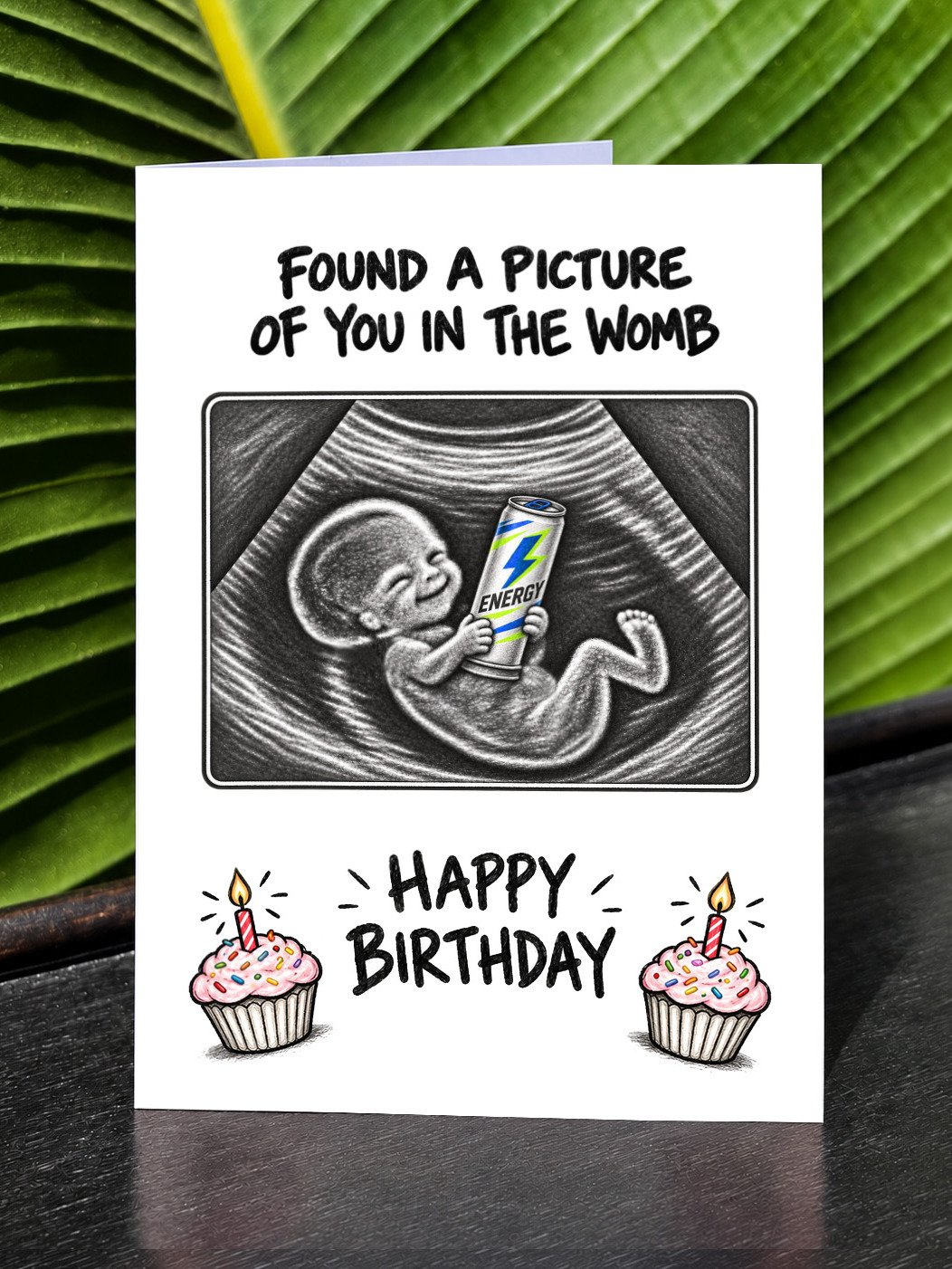 FUNNY ENERGY DRINK LOVER BIRTHDAY CARD | Caffeine Addict Humor, Ultrasound Baby Illustration In The Womb product image (1)