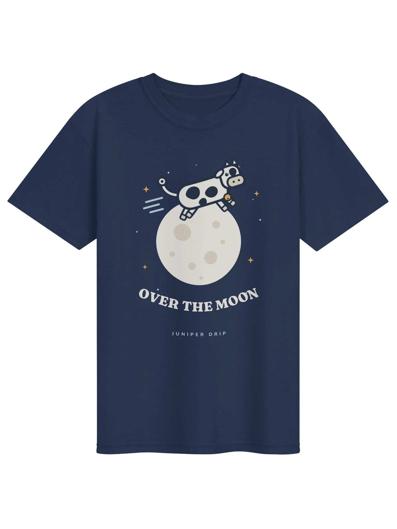 Over the Moon Tee in True Navy: a cow jumping over the moon