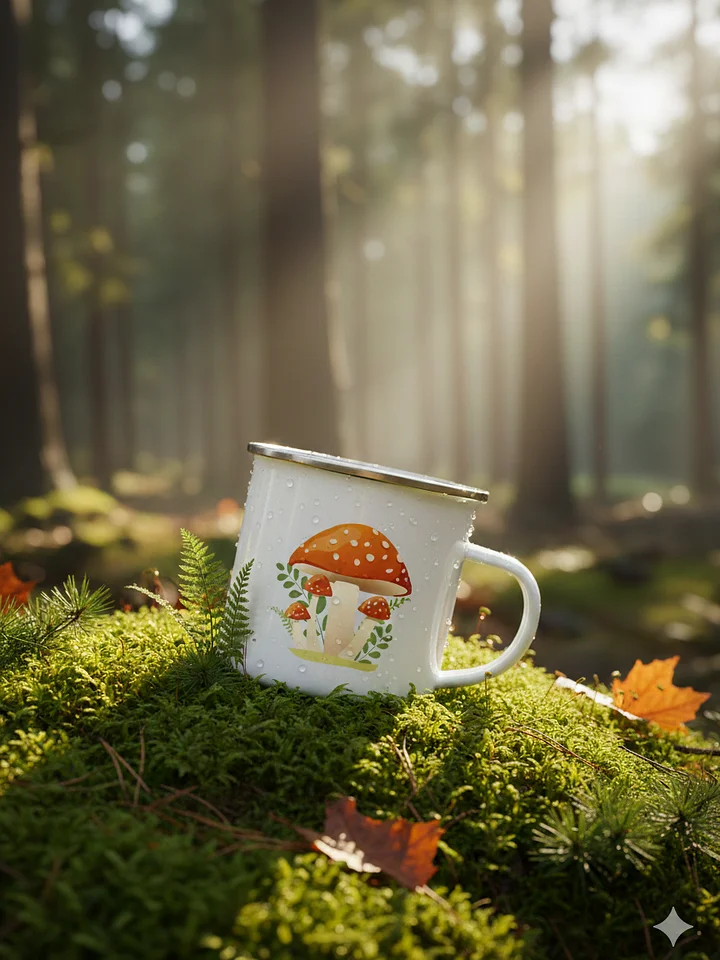 Mushroom Enamel Mug - 12oz Lightweight Tin Cup for Camping, Hiking, and Home - Fungi Design product image (1)