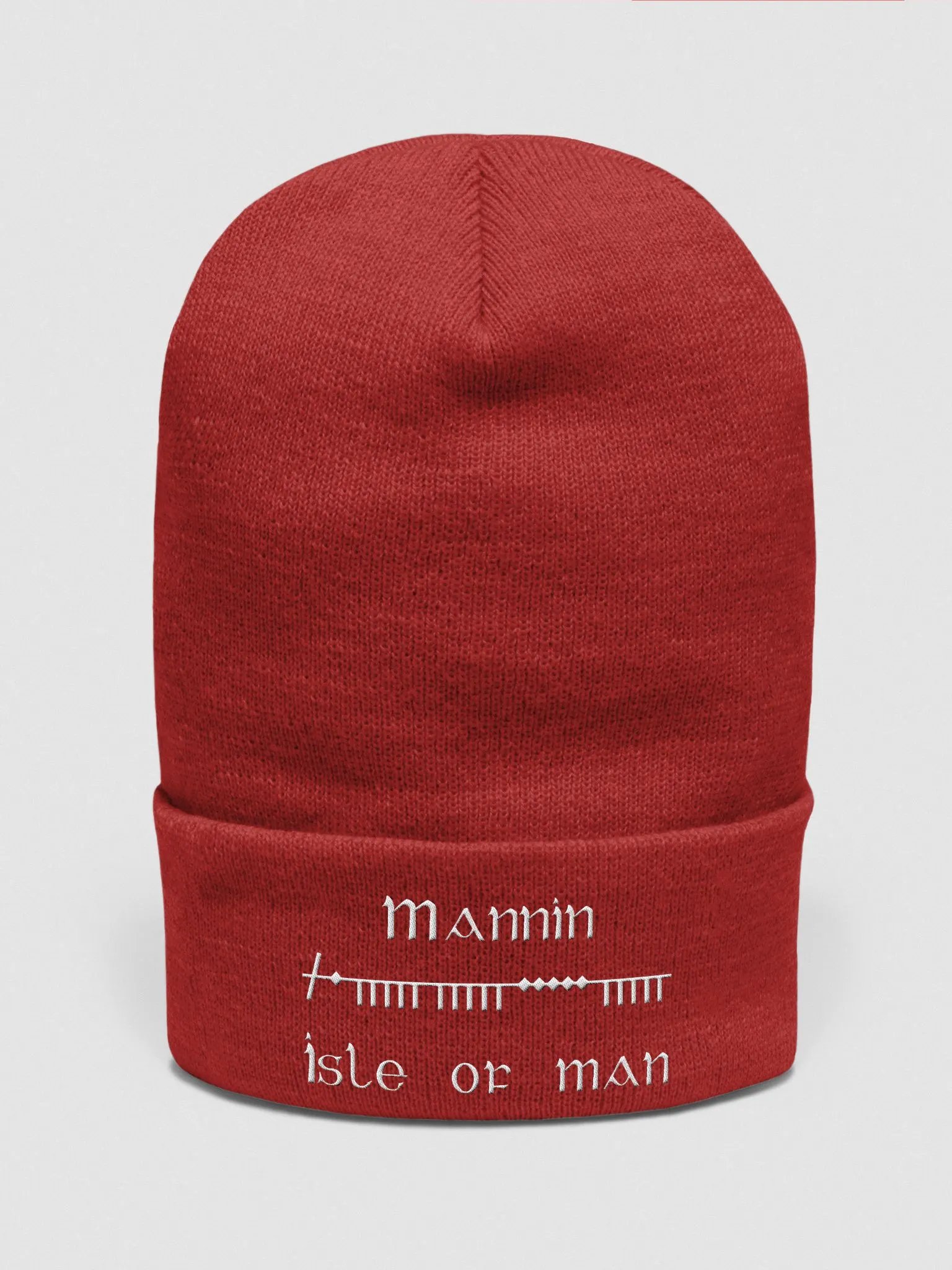Isle of Man/Mannin Scholastic style Ogham, Red with White, embroidered Cuffed Beanie product image (1)