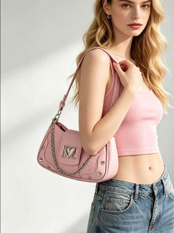 Pink Y2K Saddle Bag | Heart & Chain Detail Top Handle Shoulder Bag | ADLEST product image (6)