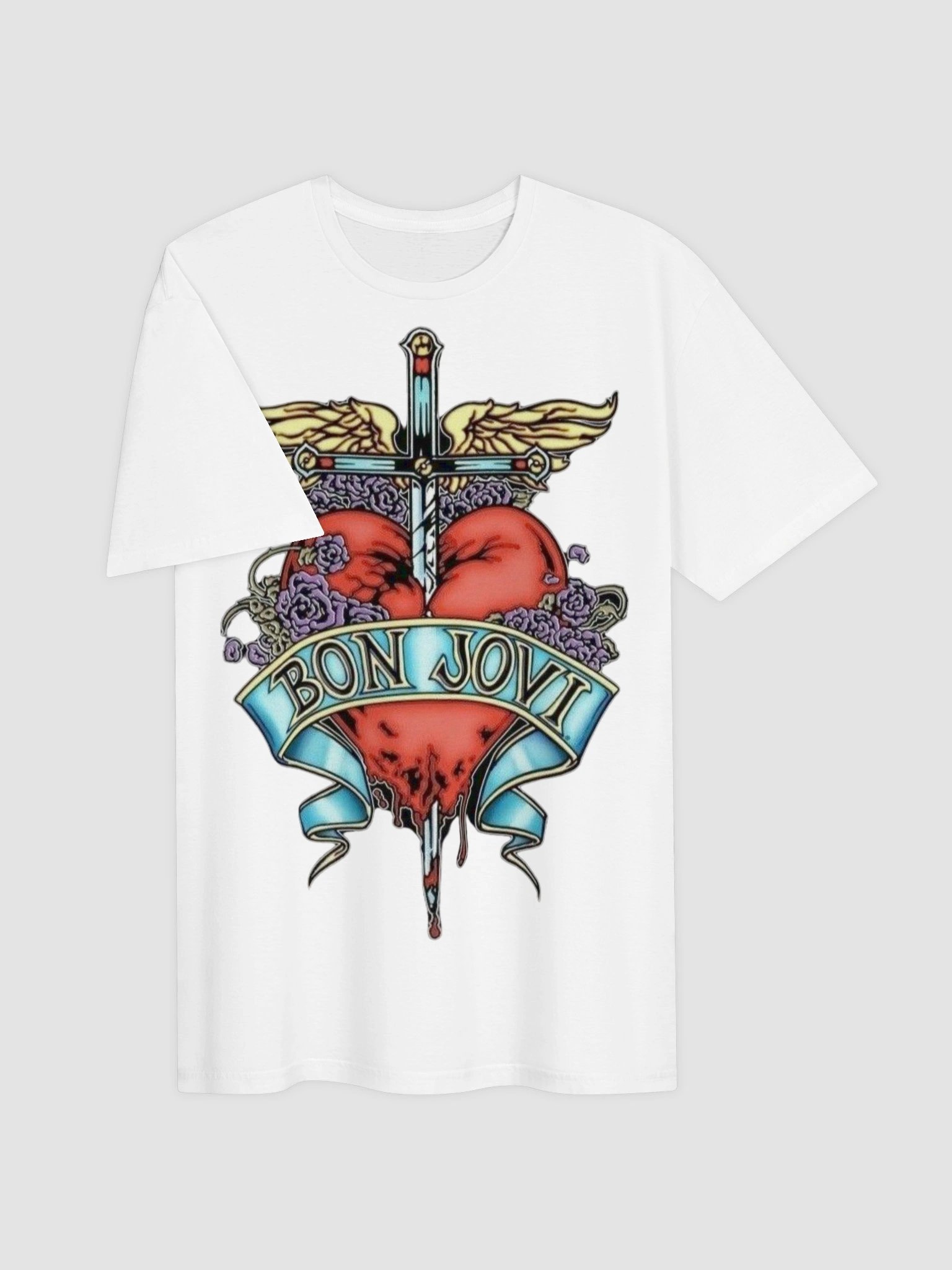 Bon Jovi Sacred Heart Winged Dagger T-Shirt | Slippery When Wet Tattoo Art Graphic Tee | Classic Rock Collector Band Shirt product image (3)