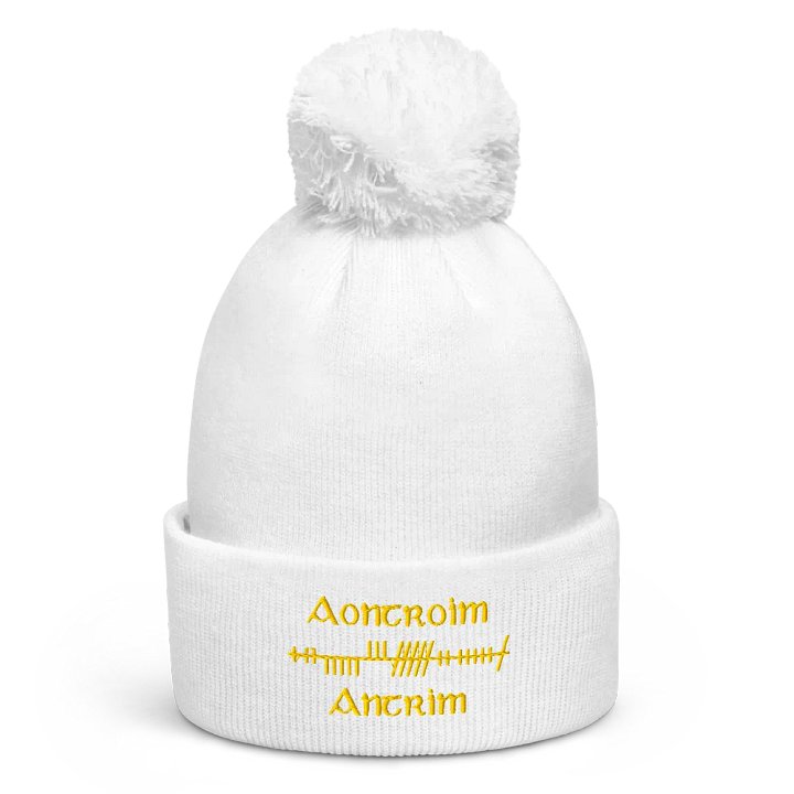 Antrim/Aontroim, Orthodox Style Ogham, white with saffron, Pom-Pom Beanie product image (1)