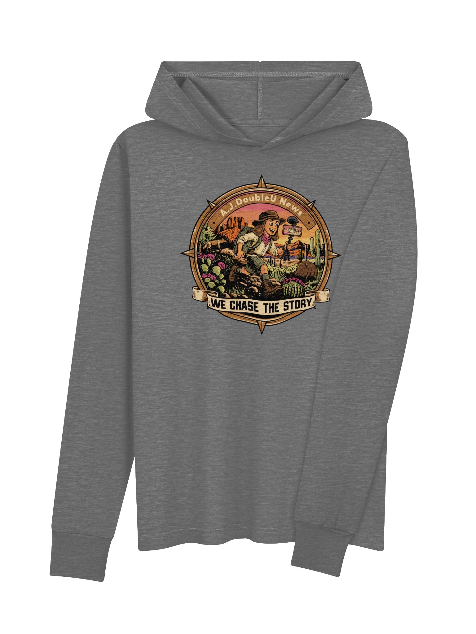 GREY Long Sleeve T-Shirt With Hoodie - A.J.DoubleU News Desert Adventure Logo product image (4)