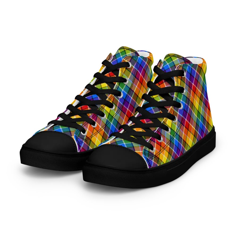 Bright Rainbow Plaid Men's High Top Shoes product image (2)