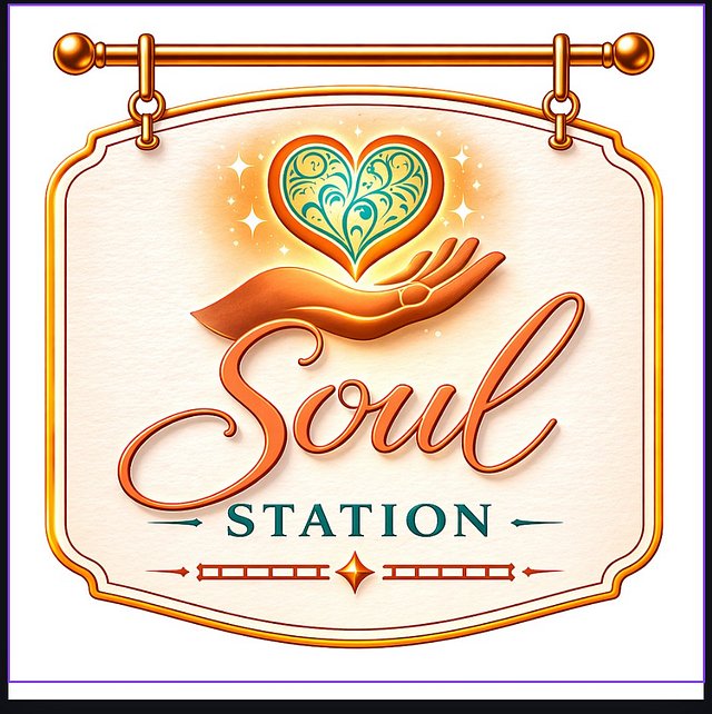 Soul Station hanging sign with an orange hand holding an ornate teal heart
