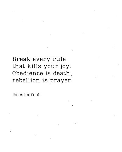 ·

Break every rule
that kills your joy.
Obedience is death,
rebellion is prayer.
— Rested Fool