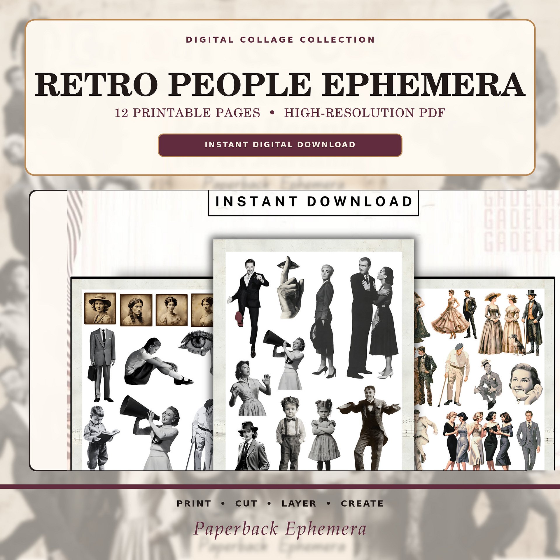 Retro People Ephemera Printable PDF – 12 Vintage Collage Sheets for Junk Journals product image (4)