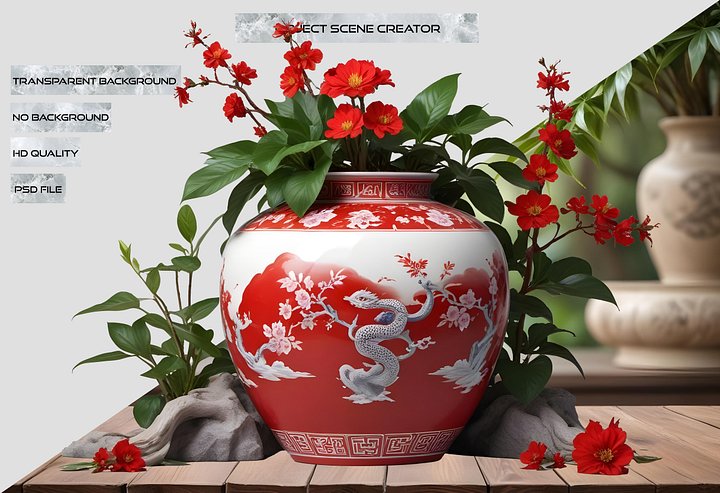 Chinese Red Porcelain Vase and wood – Year of the Serpent Design PNG product image (2)