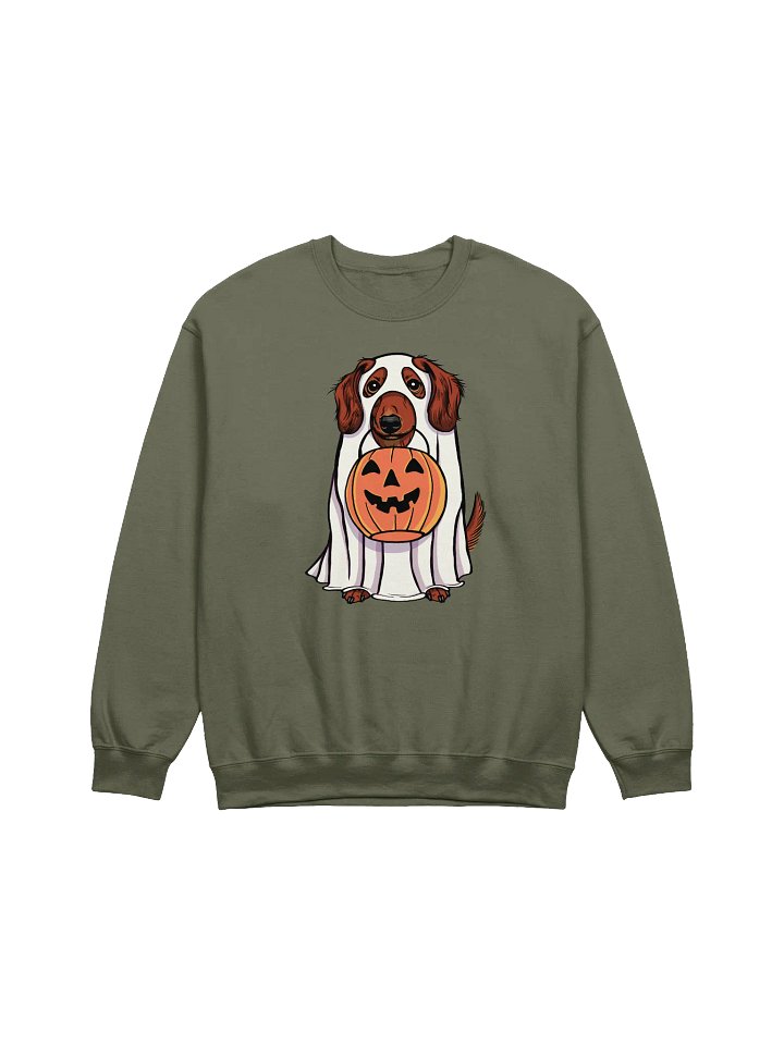 Funny Halloween Longhaired Dachshund(Red) Sweatshirt | Funny Doxie/Wiener Wearing a Ghost Costume and Holding a Pumpkin Basket product image (1)