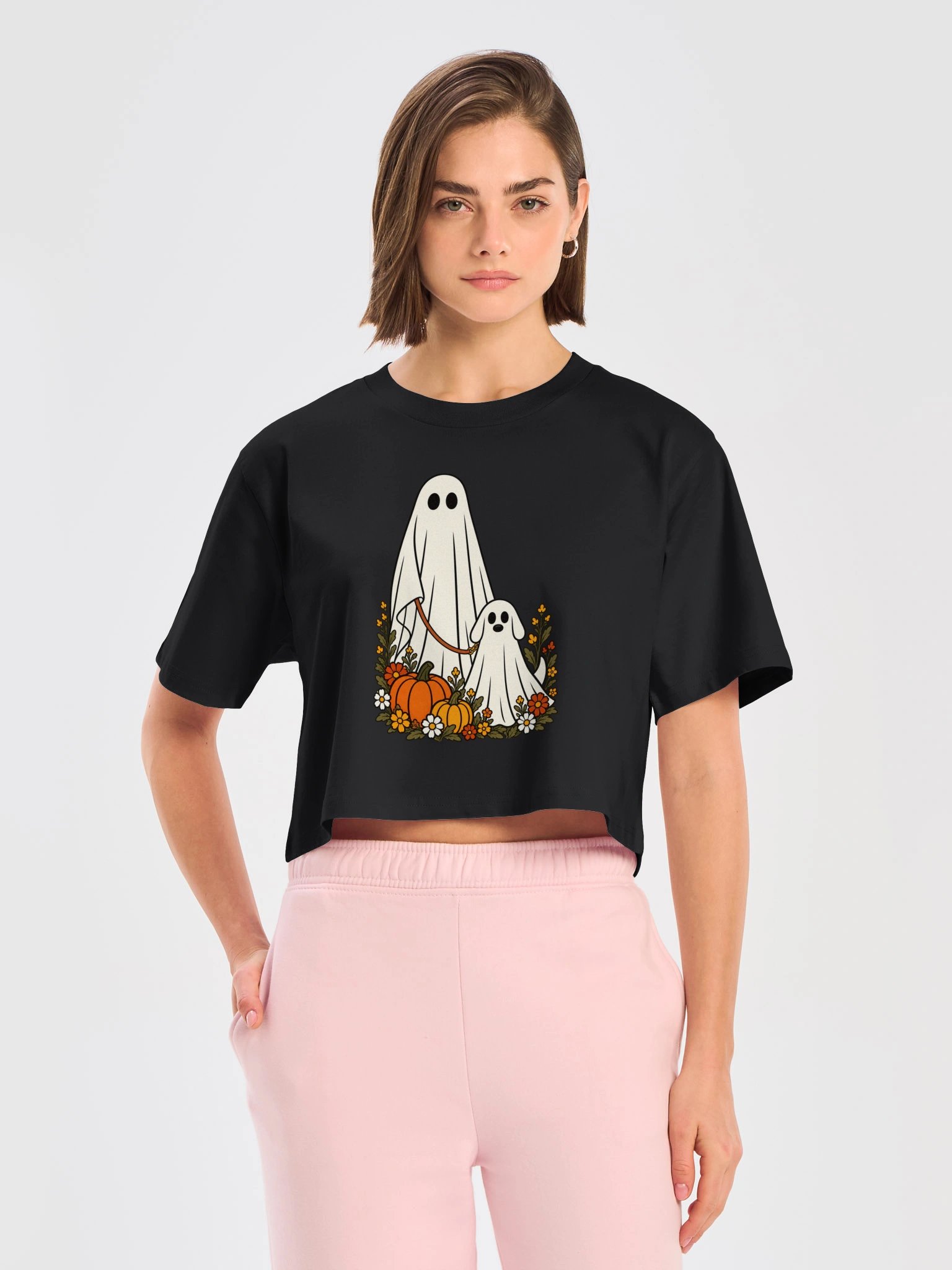 Ghost Dog Pumpkin Patch Halloween Crop Tee product image (5)