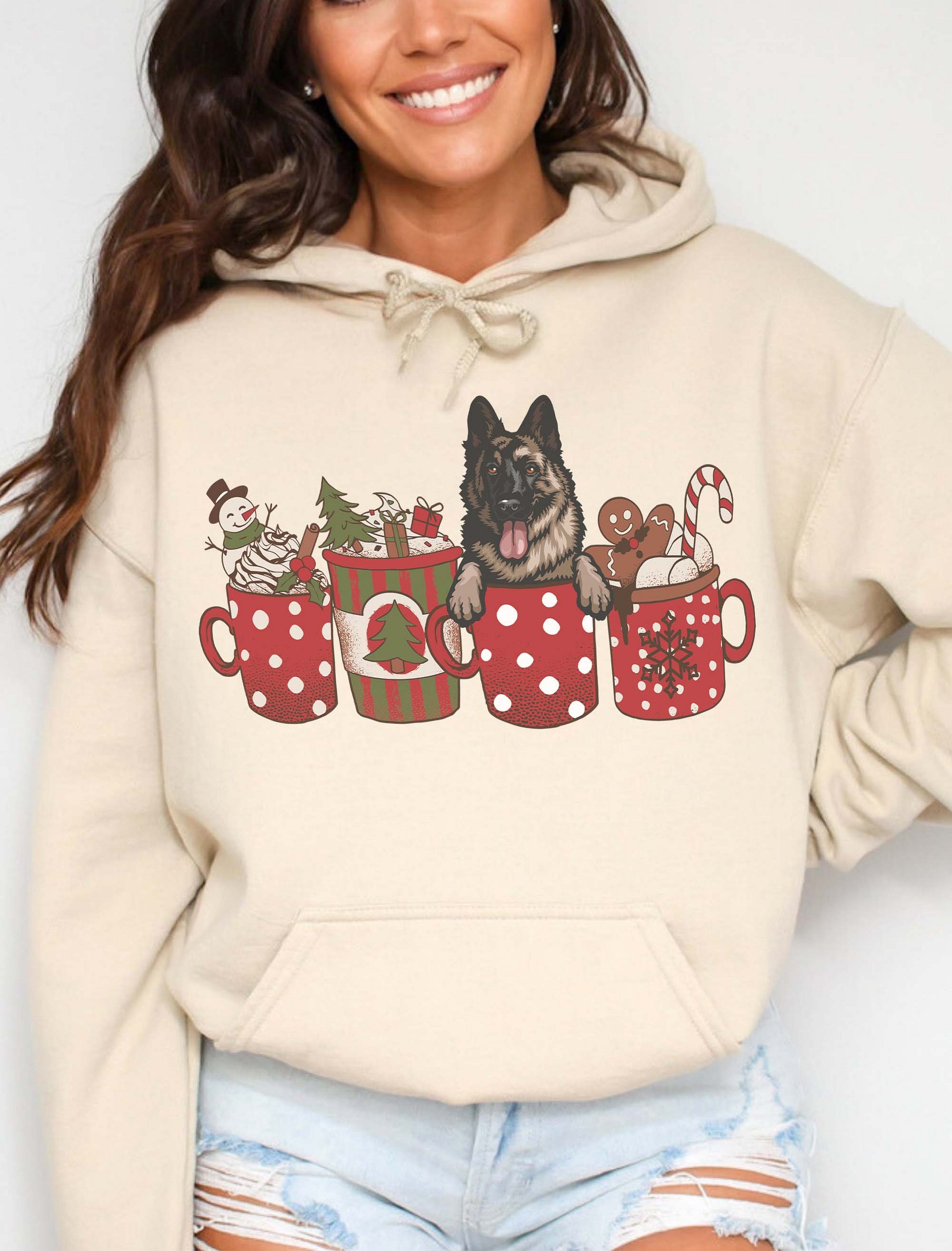 Cute German Shepherd(2) in a Christmas Cup Hooded Sweatshirt | Funny Christmas Pup in a Cup product image (16)