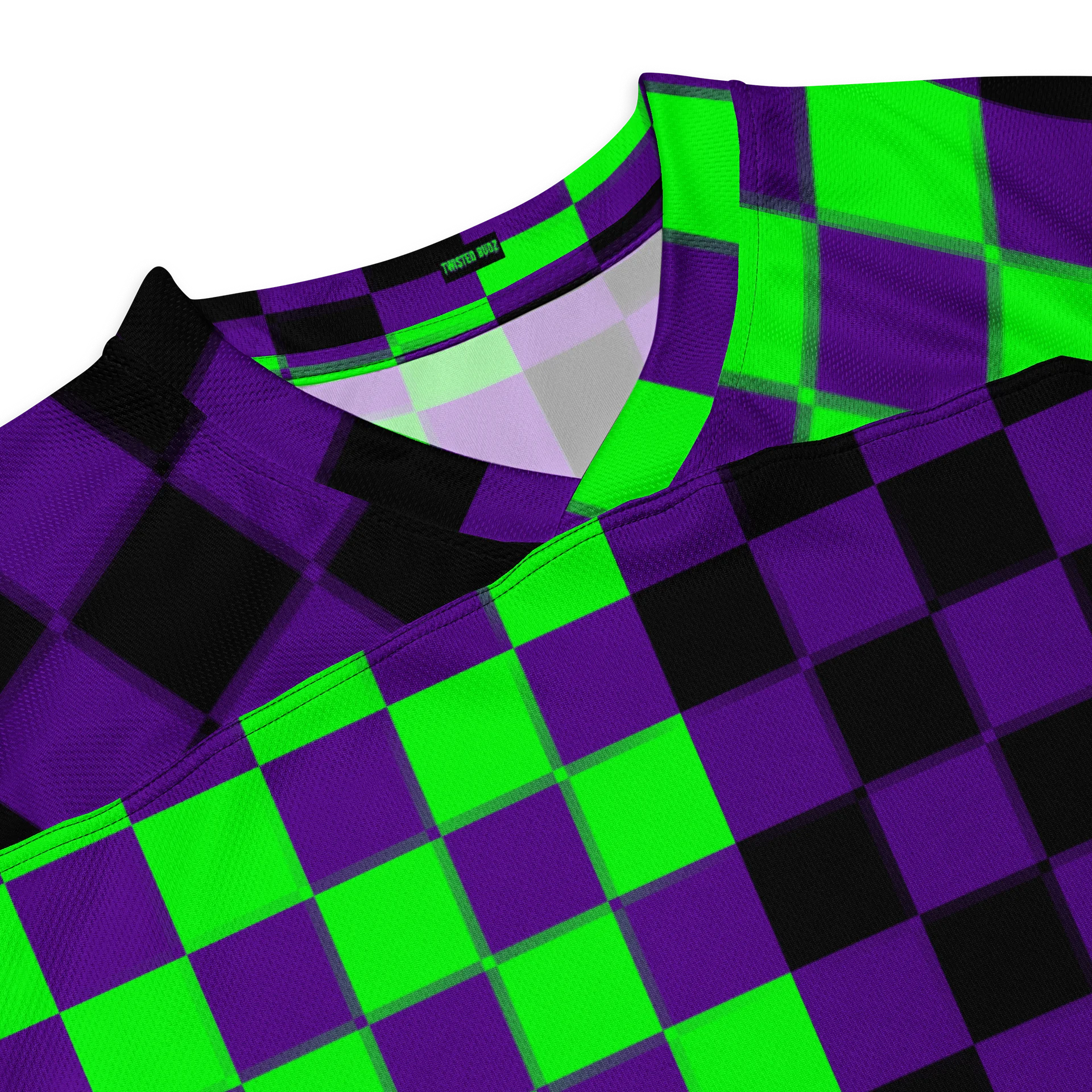 Rave Recycled Hockey Jersey, Twisted Checkers Clowncore Clothing, Silly Circus Style Fun Festival Top, Neon Green Purple Black Odd EDM Shirt product image (2)