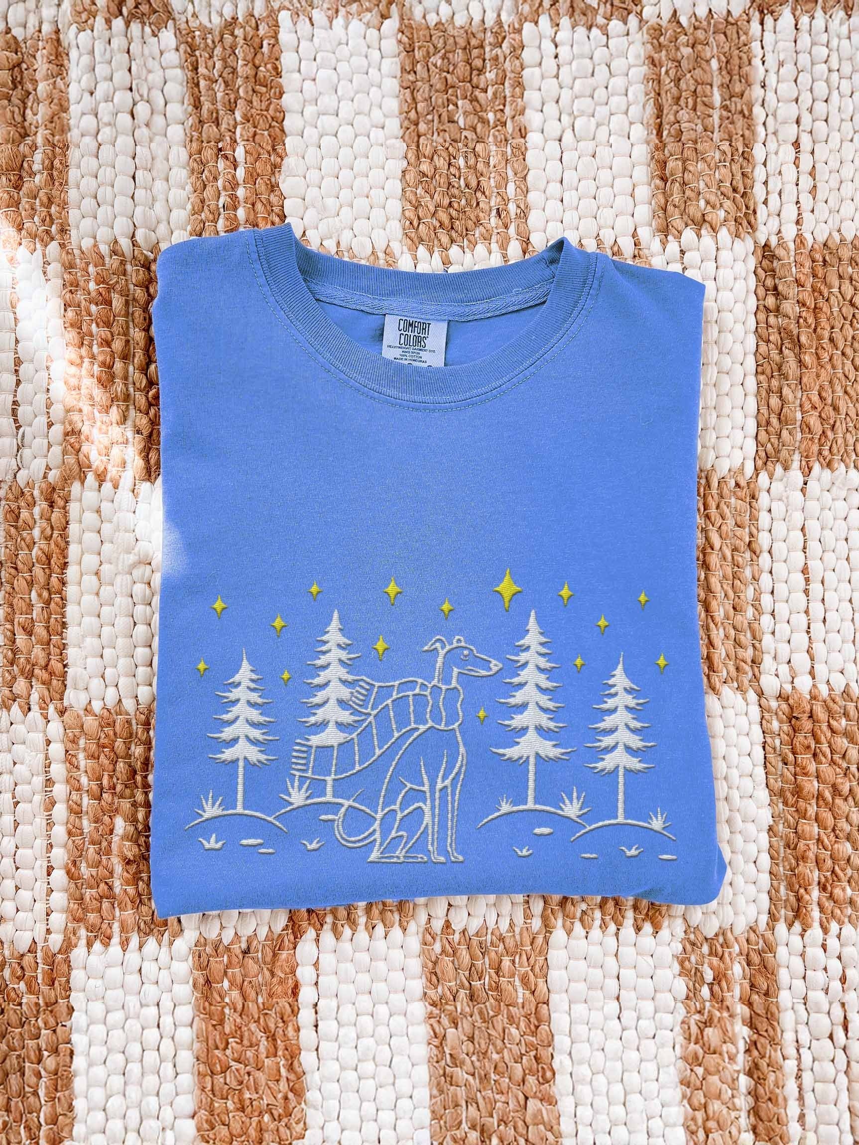 Italian Greyhound Winter/Christmas Line Art Design Embroidered T-Shirt product image (1)