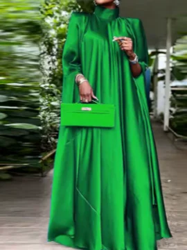 Women's Elegant Satin Pleated Maxi Dress, Stand Collar Long Sleeve Evening Party Dress, Loose Fit Autumn Wedding Guest Cocktail Gown product image (7)