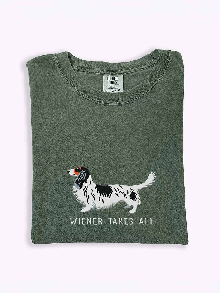 Wiener Takes All T-Shirt(Embroidered) of a Longhaired Dachshund(Pied Black & White) product image (1)