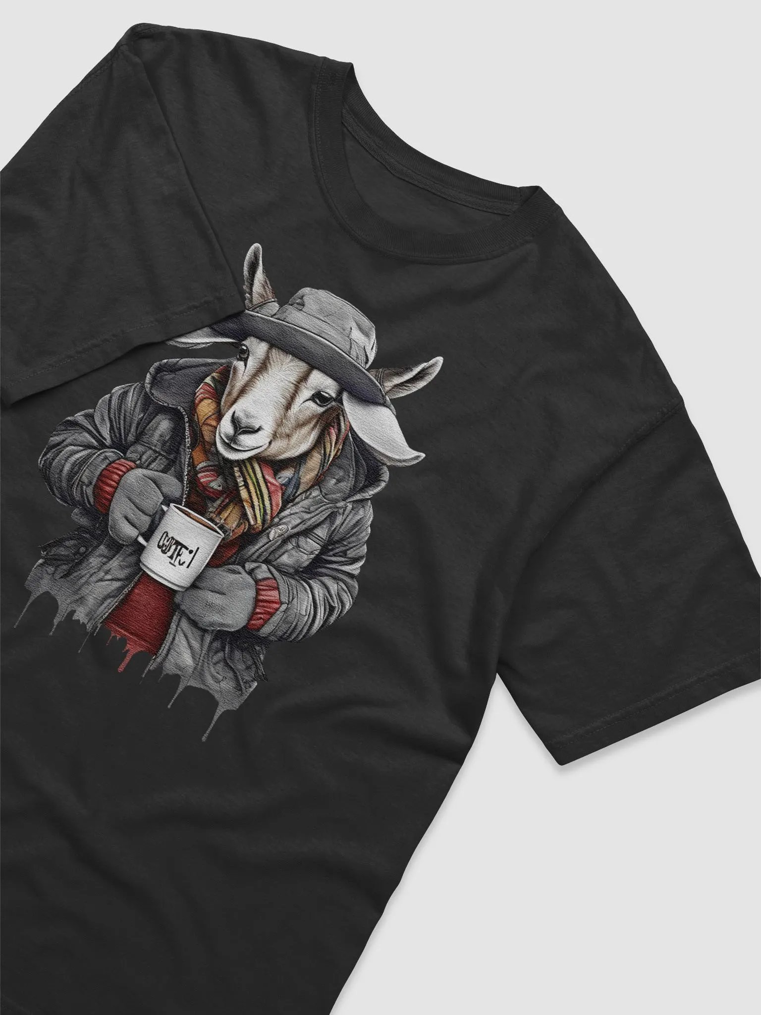 Goat wearing a jackets holding a cup coffee product image (3)
