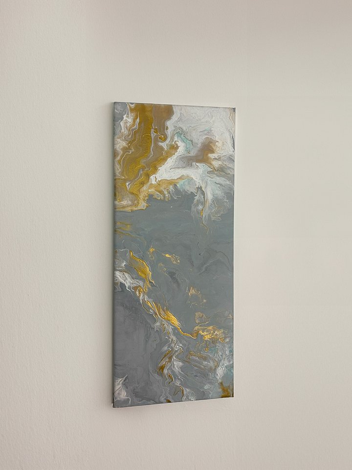 Grey & Gold Abstract Acrylic Pour Painting on 8x20 Inch Canvas | product image (2)
