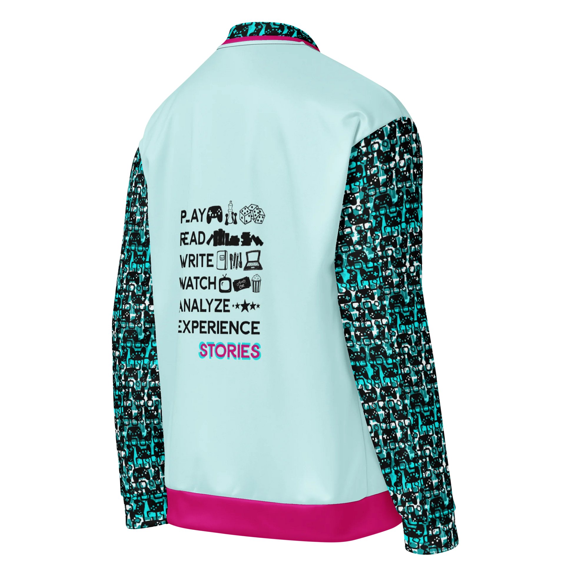 Experience Stories Unisex Bomber Jacket (Teal, Pink, and Black) product image (4)