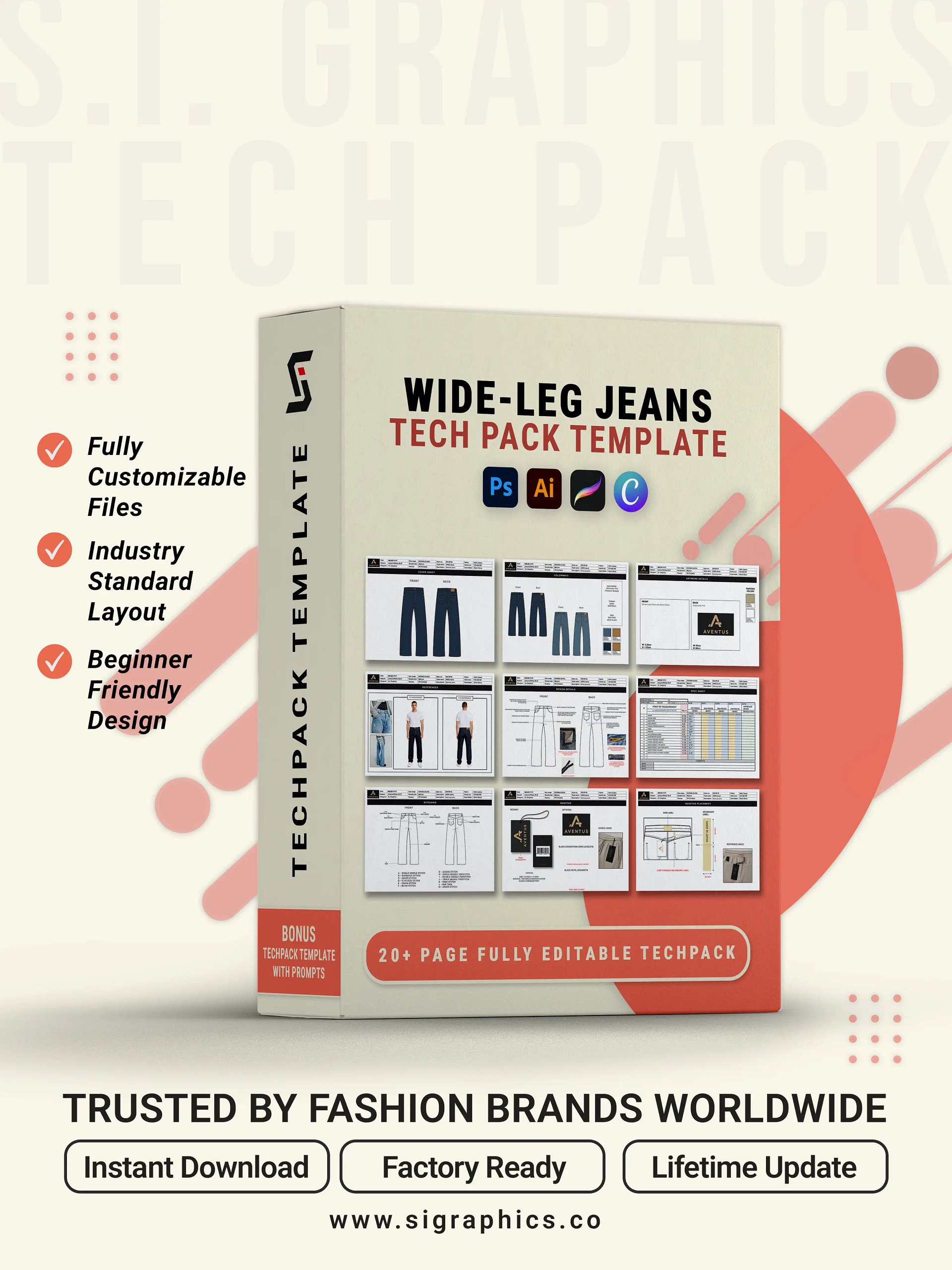 Wide-Leg Denim Jeans Tech Pack Template – Editable AI File product image (1)