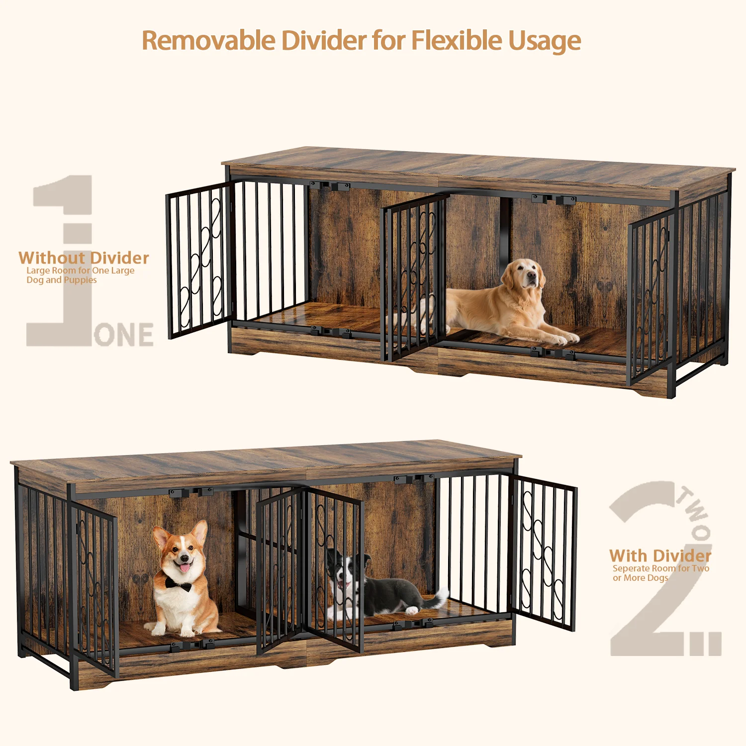 71 Inch Double Dog Crate Furniture, Extra Large Dog Kennel Indoor for 2 Dogs, Heavy Duty Wooden Dog House with Divider, Pet House Decorative as Table & TV Stand for X Large Dogs ( Brown) product image (7)